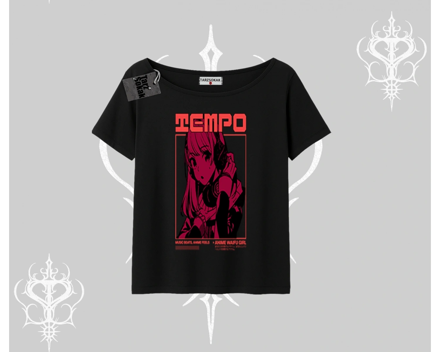 Kayık Yaka Tshirt Anime Waifu Kırmızı Grafik Desenli