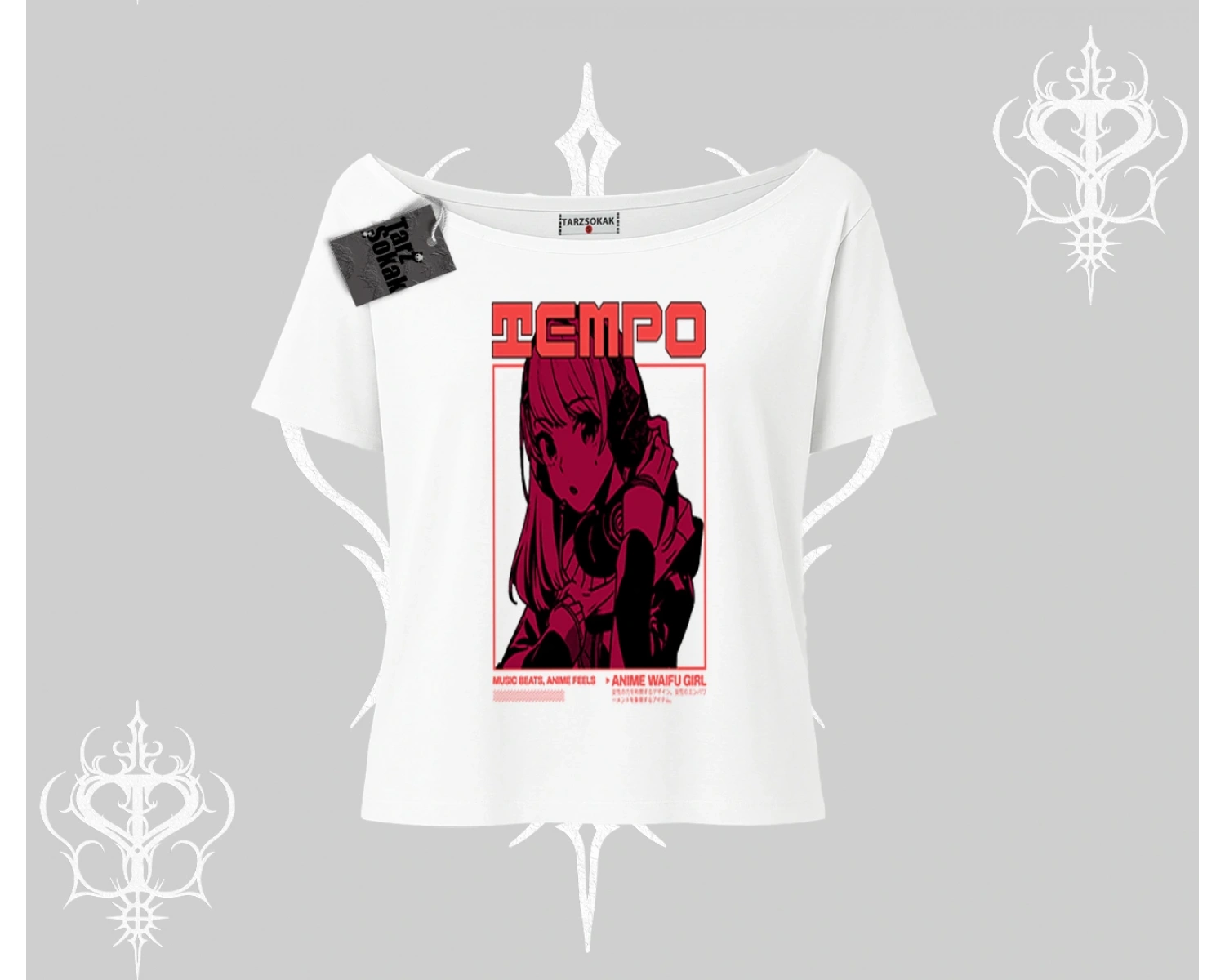 Kayık Yaka Tshirt Anime Waifu Kırmızı Grafik Desenli