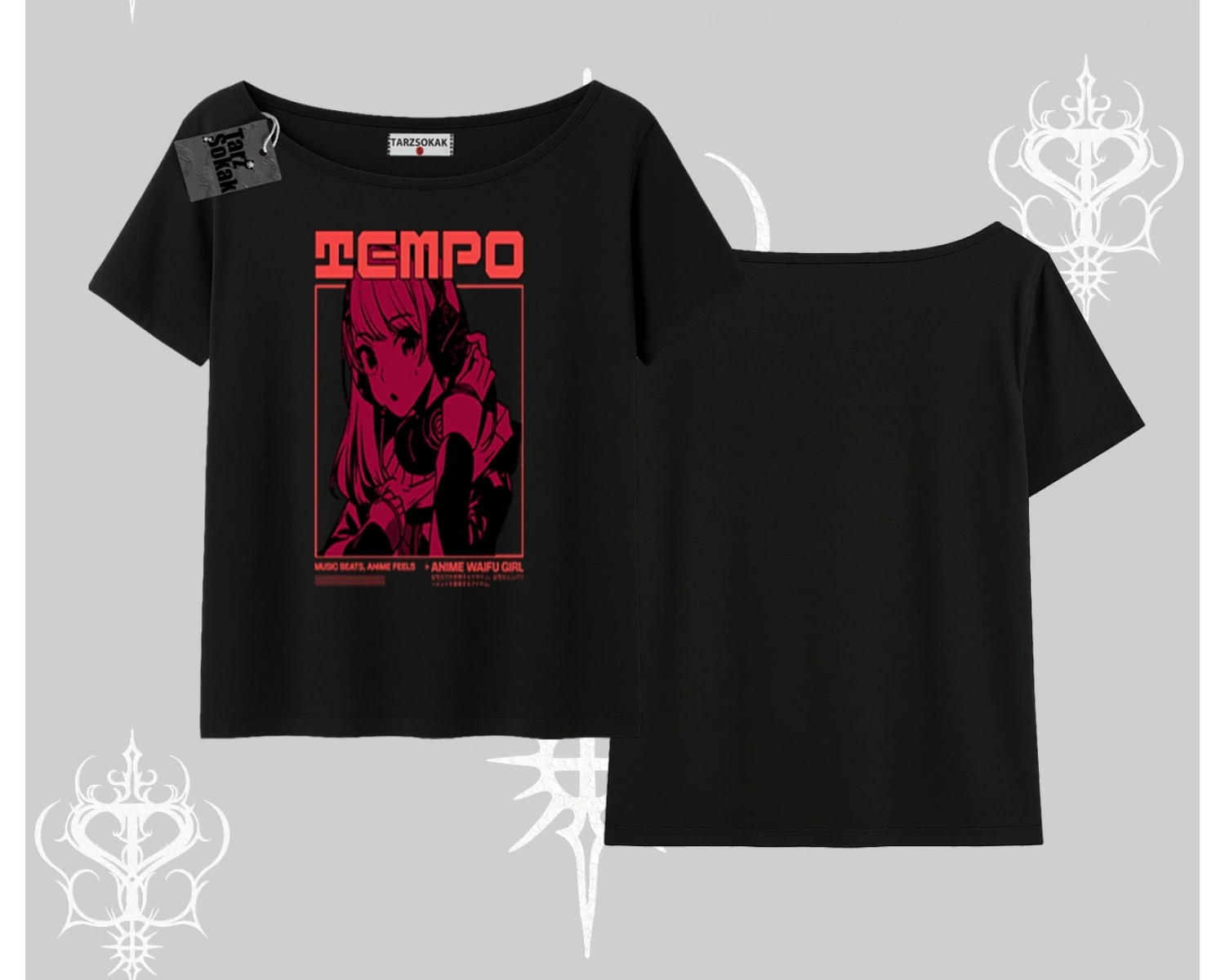 Kayık Yaka Tshirt Anime Waifu Kırmızı Grafik Desenli