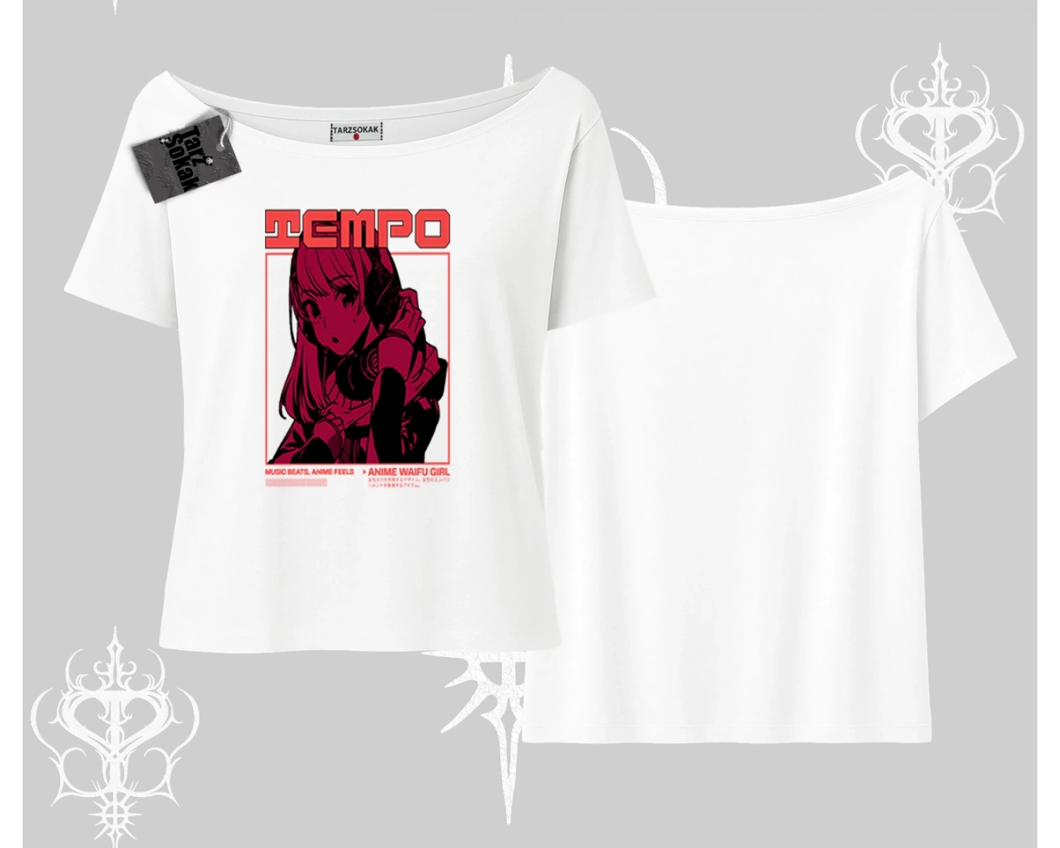 Kayık Yaka Tshirt Anime Waifu Kırmızı Grafik Desenli