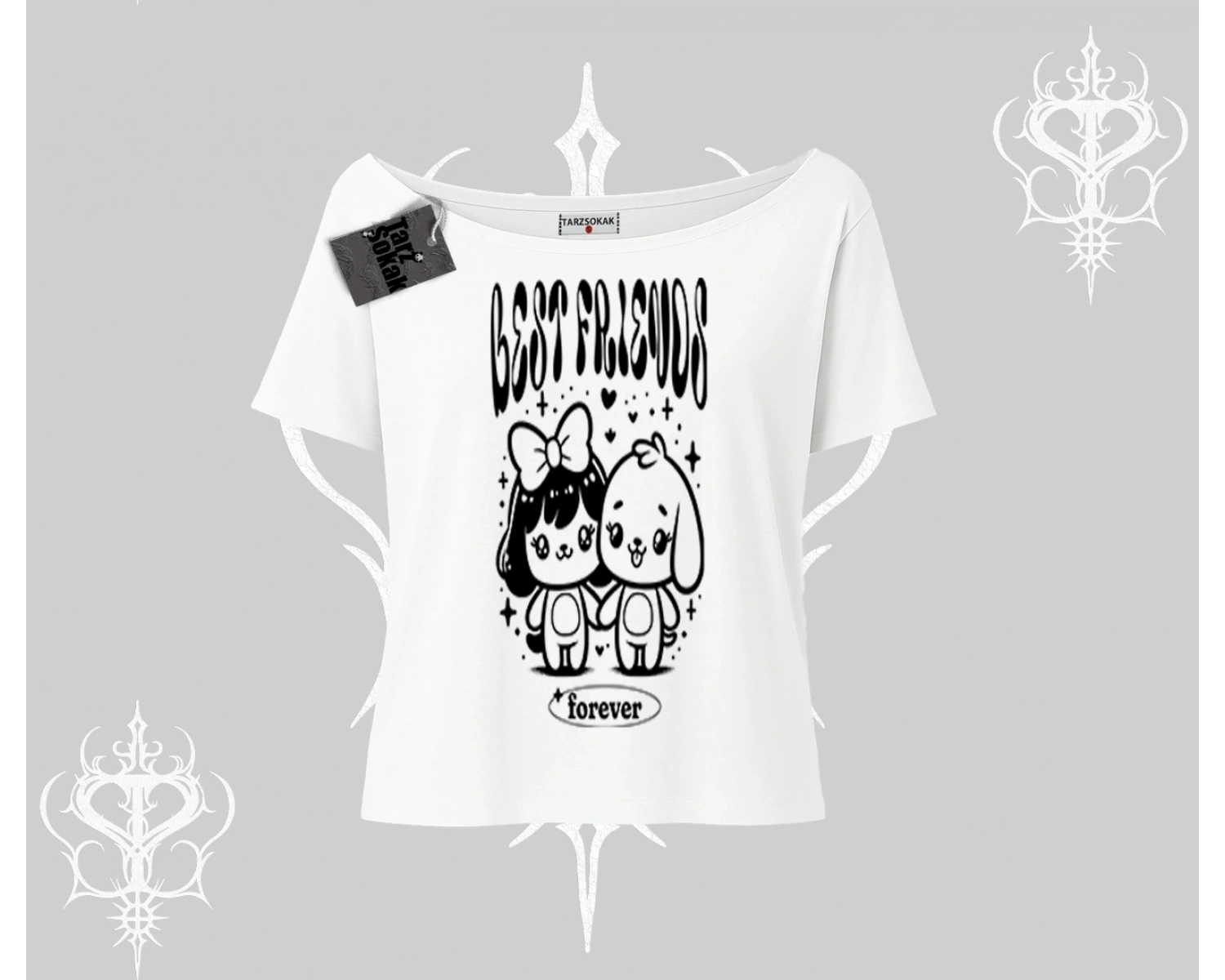 Kayık Yaka Tshirt Best Friends Forever Baskılı Sevimli Tasarım