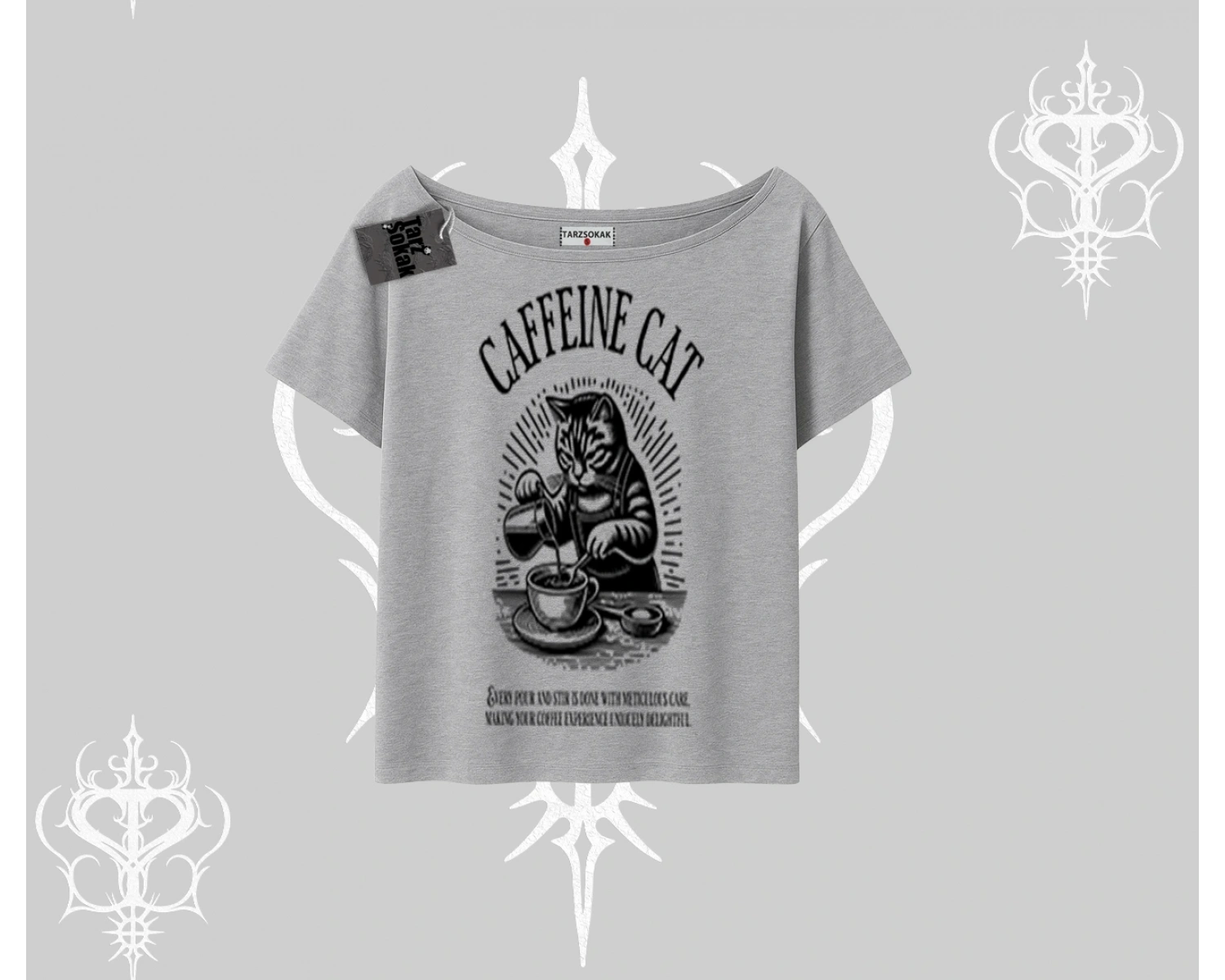 Kayık Yaka Tshirt Caffeine Cat Kahve Temalı Kedi Baskılı