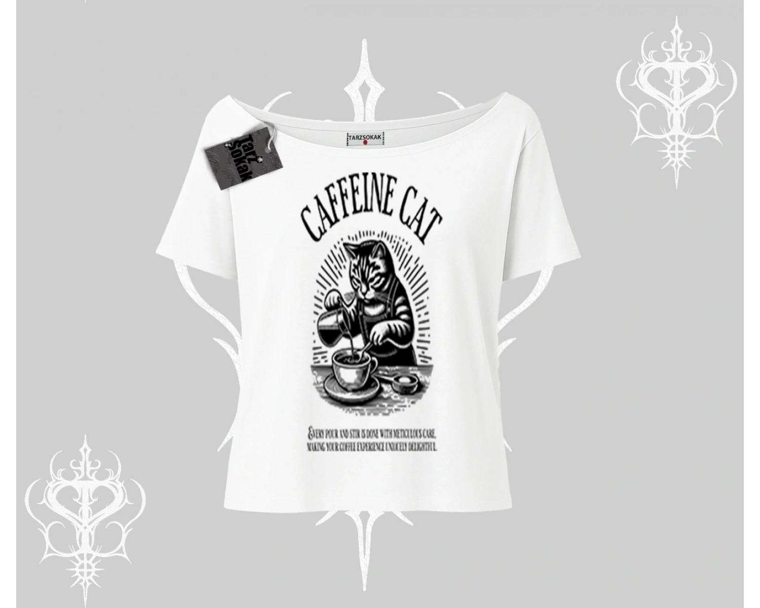 Kayık Yaka Tshirt Caffeine Cat Kahve Temalı Kedi Baskılı