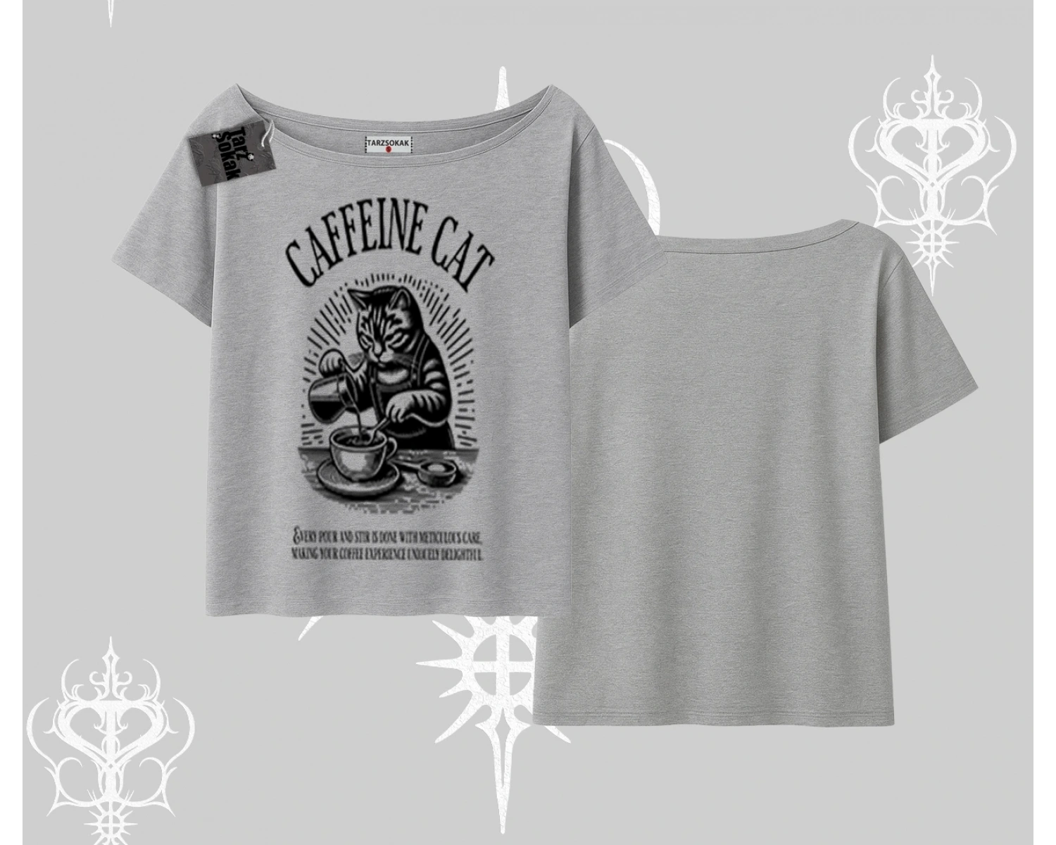 Kayık Yaka Tshirt Caffeine Cat Kahve Temalı Kedi Baskılı