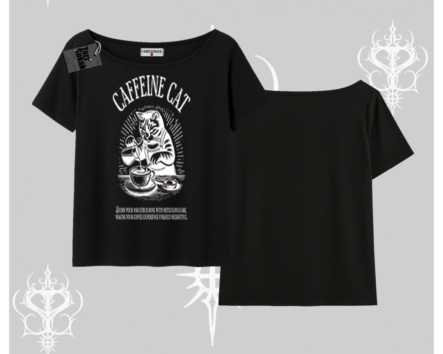 Kayık Yaka Tshirt Caffeine Cat Kahve Temalı Kedi Baskılı