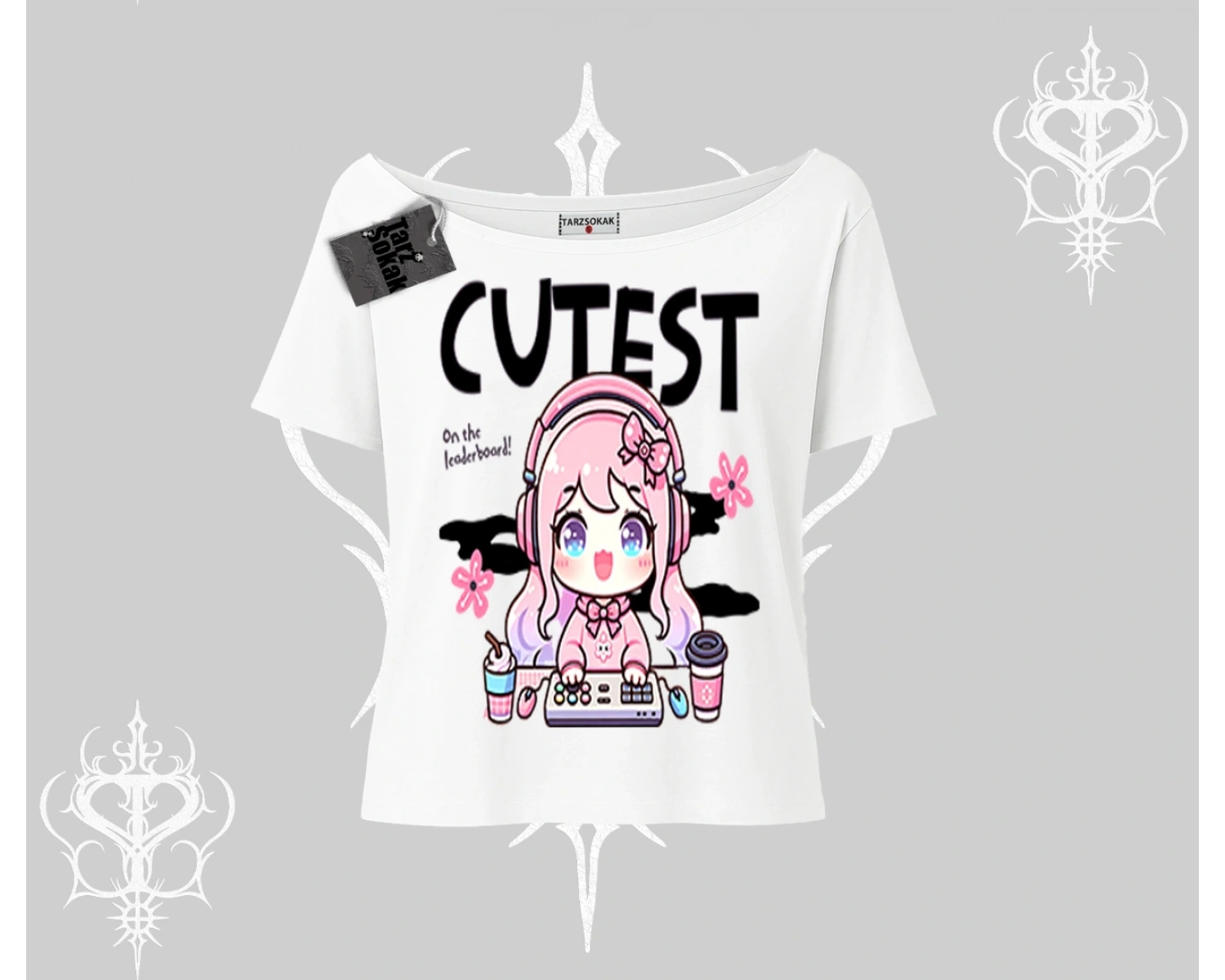 Kayık Yaka Tshirt Cute Anime Gamer Girl Baskılı