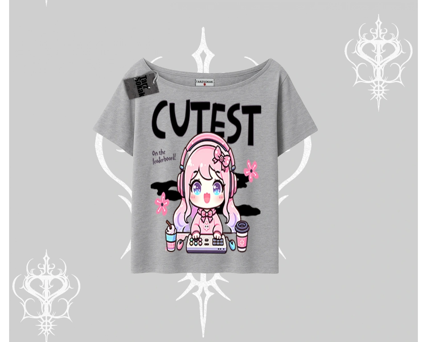 Kayık Yaka Tshirt Cute Anime Gamer Girl Baskılı