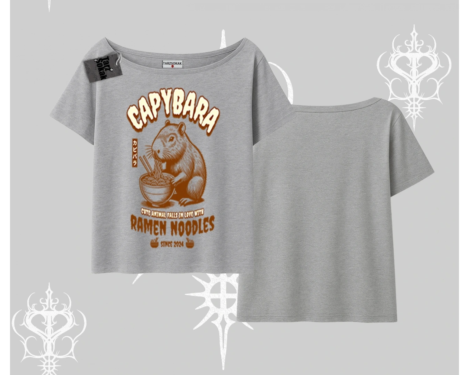 Kayık Yaka Tshirt Cute Capybara Enjoying Ramen Noodles Artwork