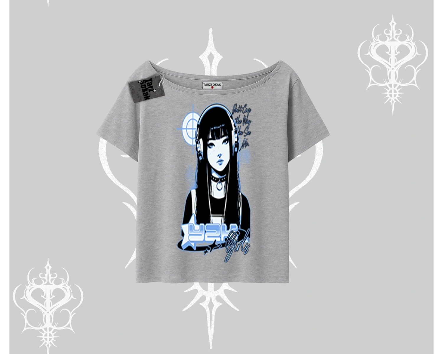 Kayık Yaka Tshirt Cyber Y2K Anime Girl Street Sound Aesthetic