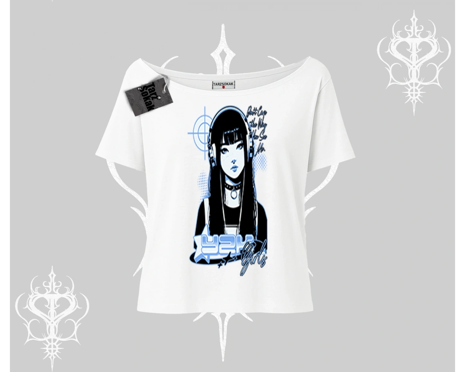 Kayık Yaka Tshirt Cyber Y2K Anime Girl Street Sound Aesthetic
