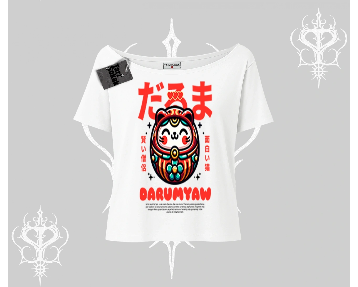 Kayık Yaka Tshirt Daruma Kedi Anime Baskılı