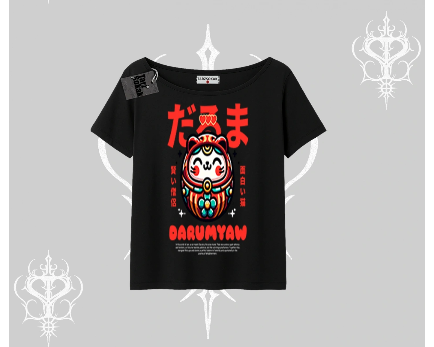 Kayık Yaka Tshirt Daruma Kedi Anime Baskılı
