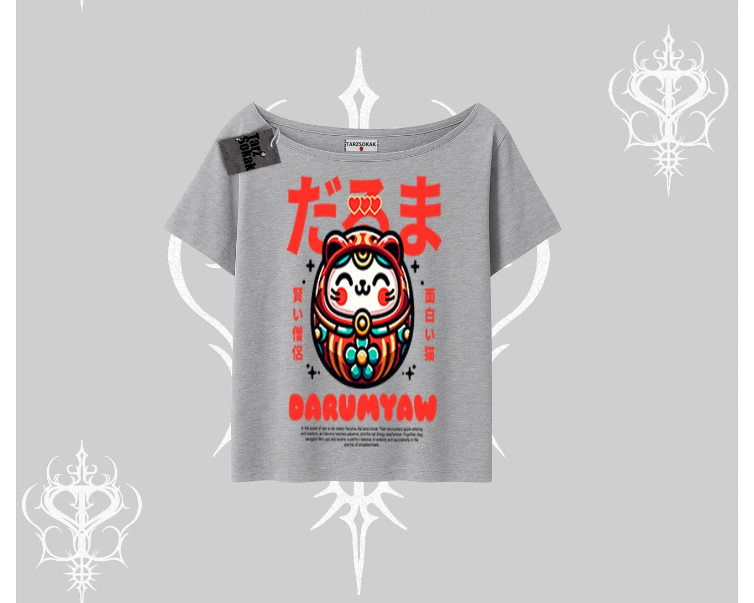 Kayık Yaka Tshirt Daruma Kedi Anime Baskılı