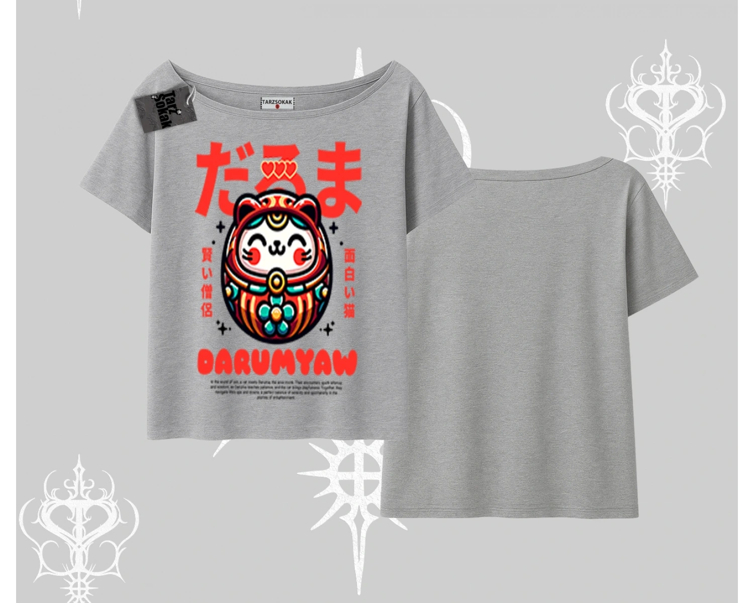 Kayık Yaka Tshirt Daruma Kedi Anime Baskılı