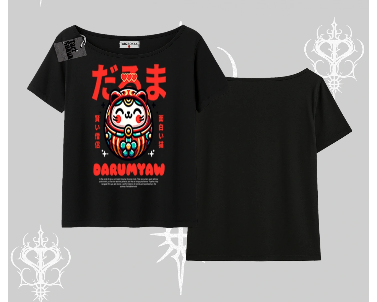Kayık Yaka Tshirt Daruma Kedi Anime Baskılı