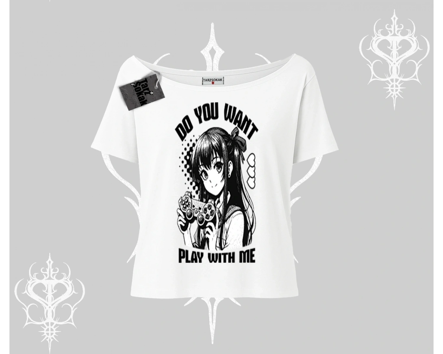 Kayık Yaka Tshirt Do You Want Play With Me Anime Kız Baskılı