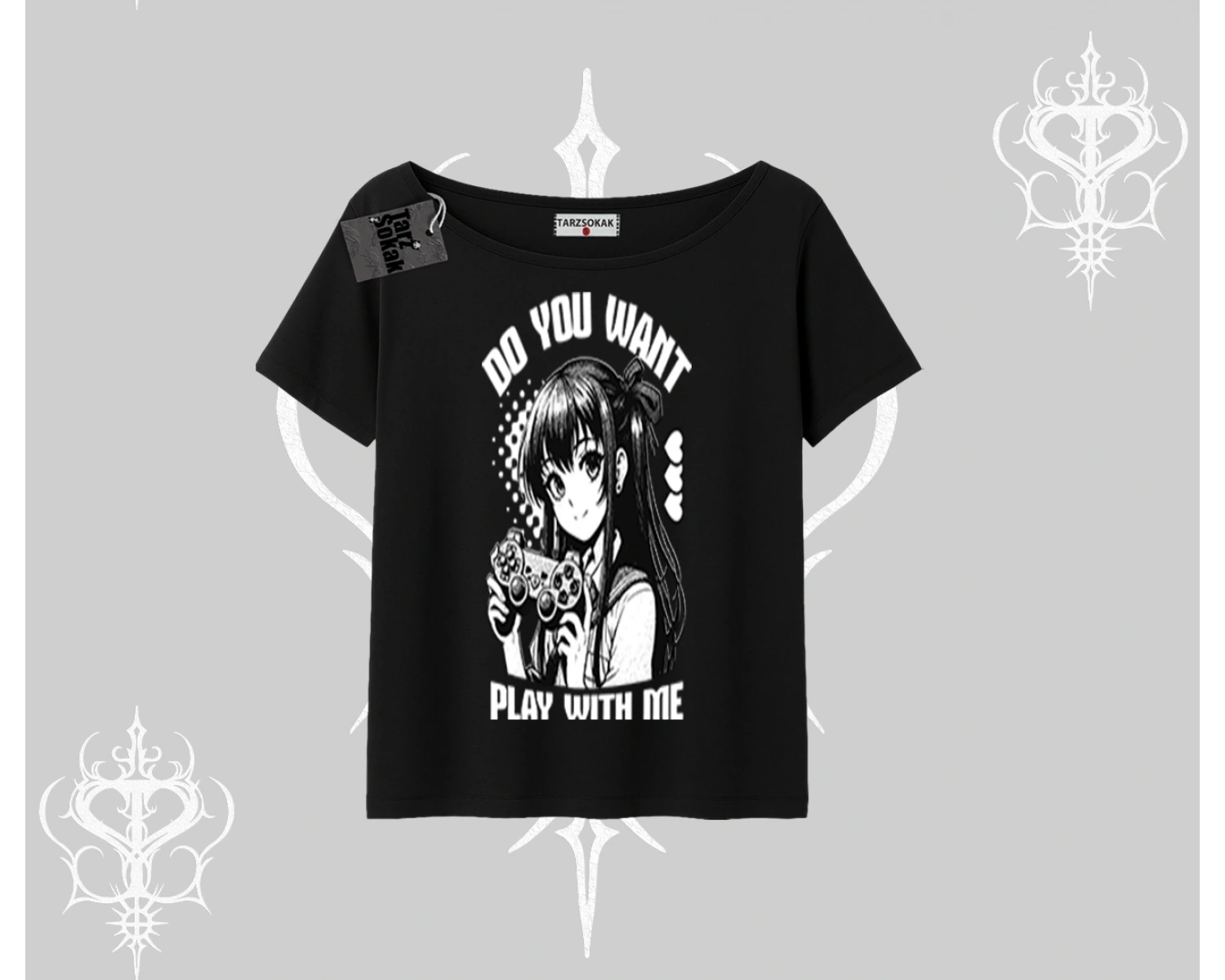 Kayık Yaka Tshirt Do You Want Play With Me Anime Kız Baskılı