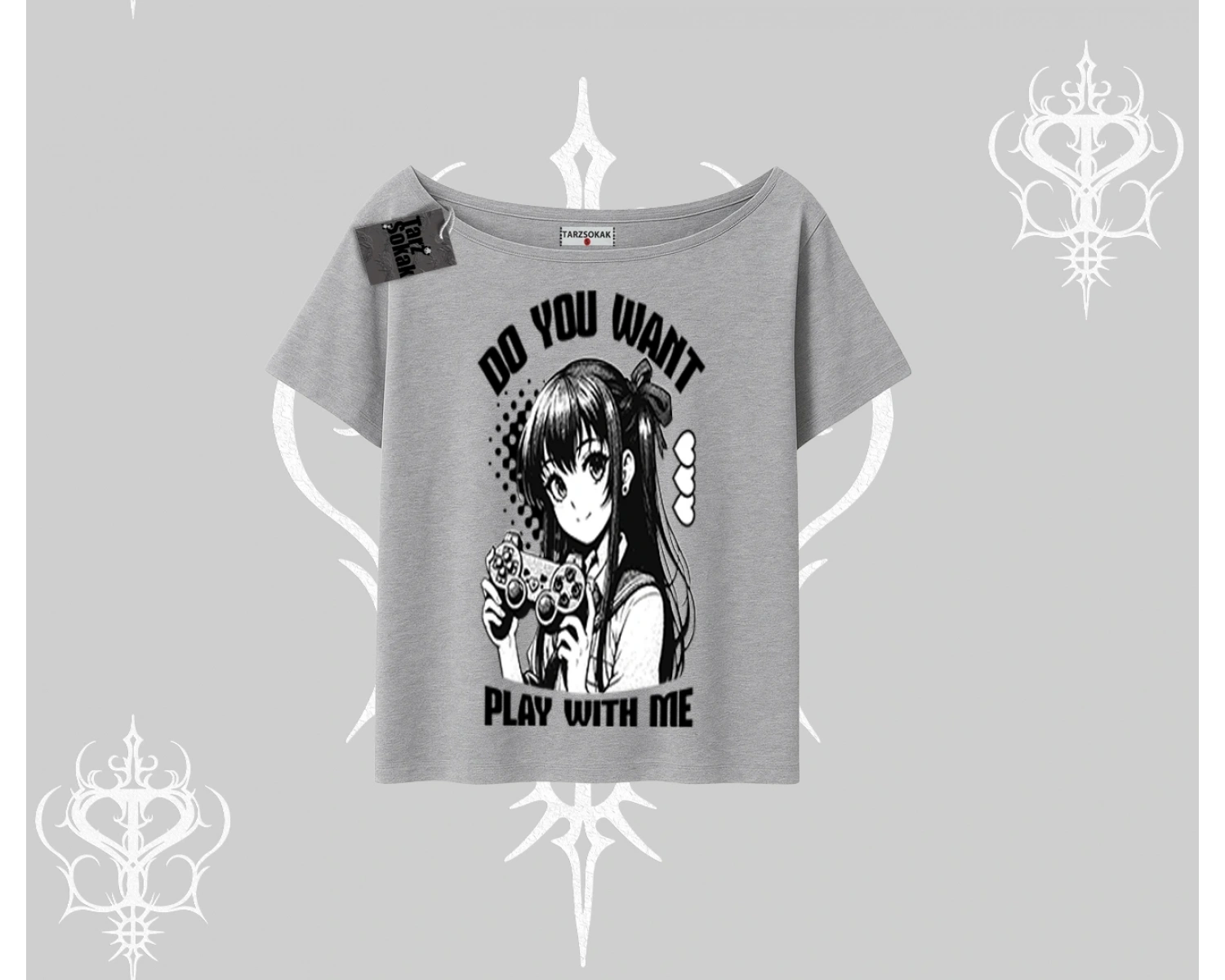 Kayık Yaka Tshirt Do You Want Play With Me Anime Kız Baskılı