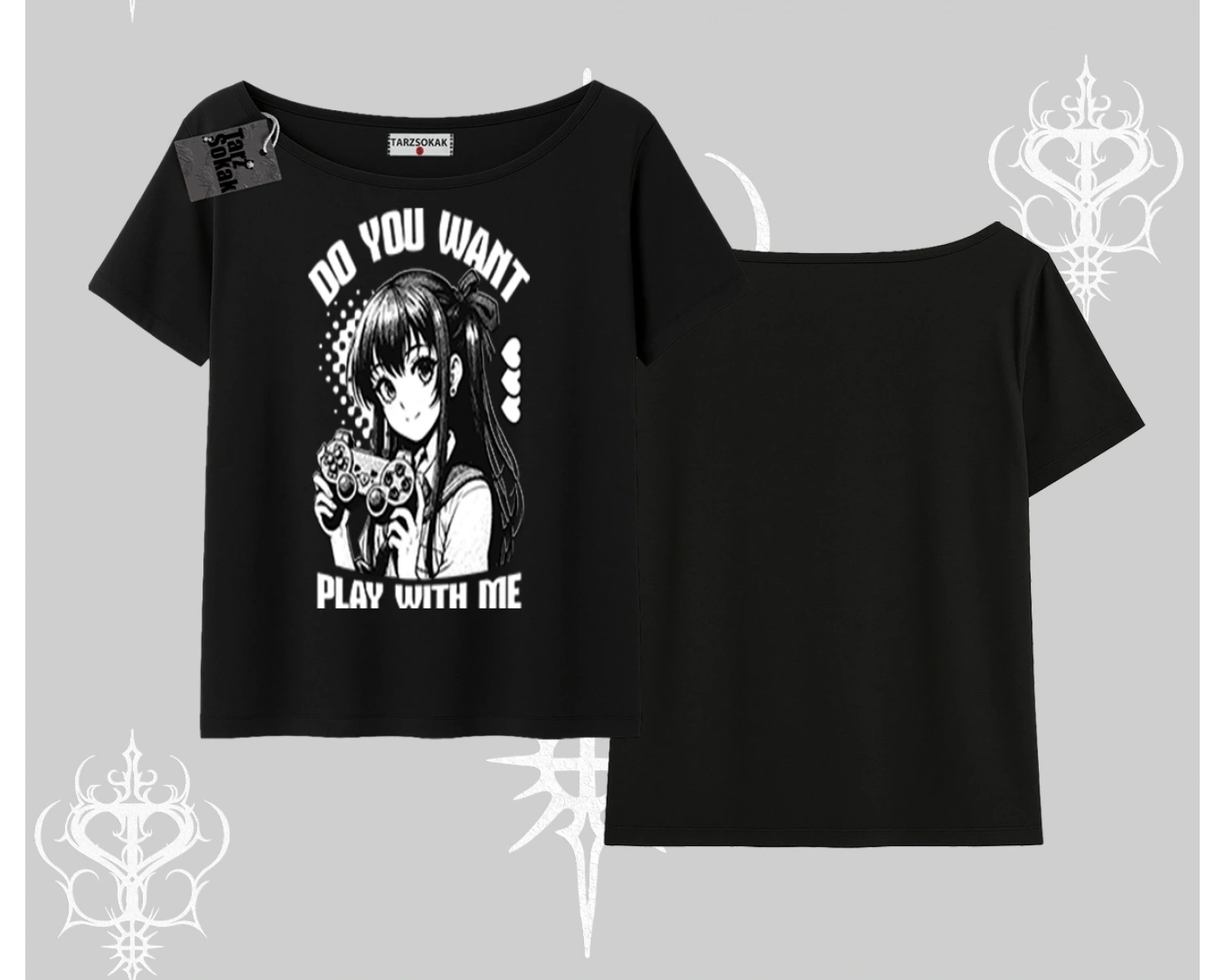 Kayık Yaka Tshirt Do You Want Play With Me Anime Kız Baskılı