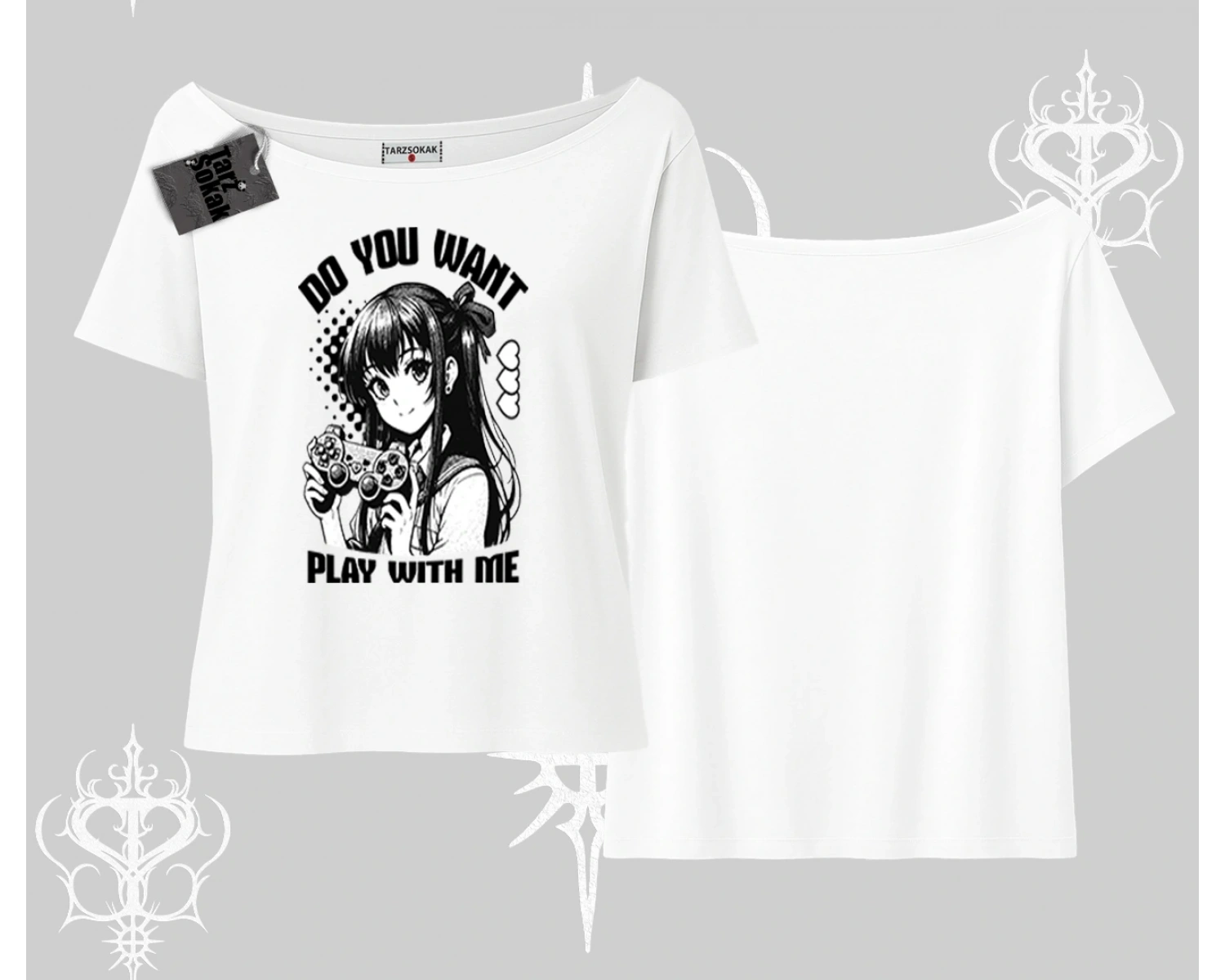 Kayık Yaka Tshirt Do You Want Play With Me Anime Kız Baskılı