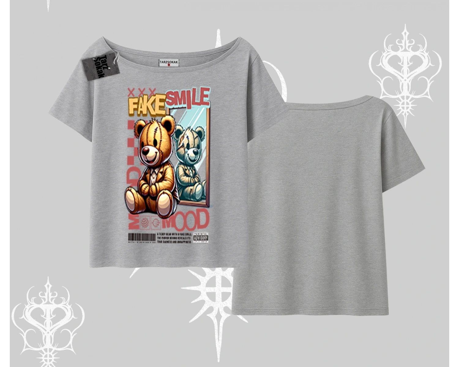 Kayık Yaka Tshirt Fake Smile Mood Ayıcık Grafik Baskılı