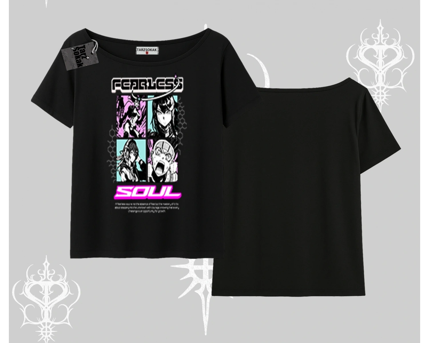 Kayık Yaka Tshirt Fearless Soul Anime Kolaj Baskılı