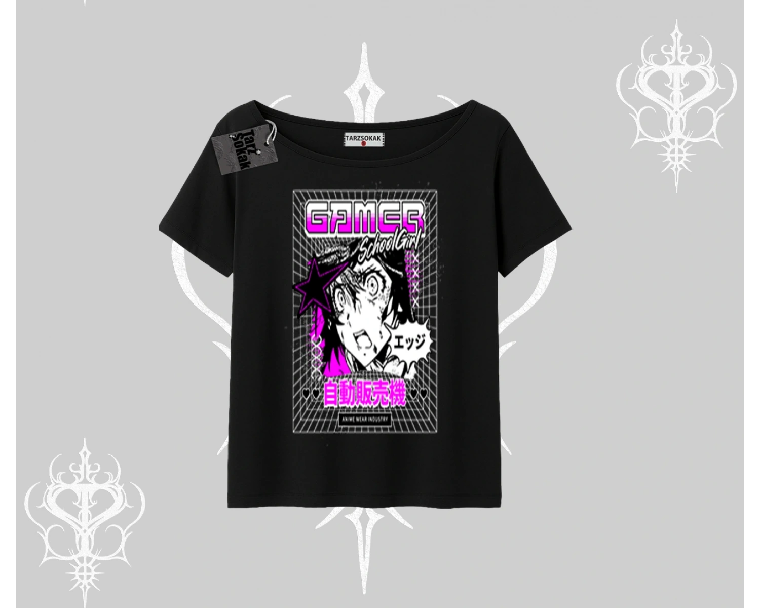 Kayık Yaka Tshirt Games Schoolgirl Anime Baskılı