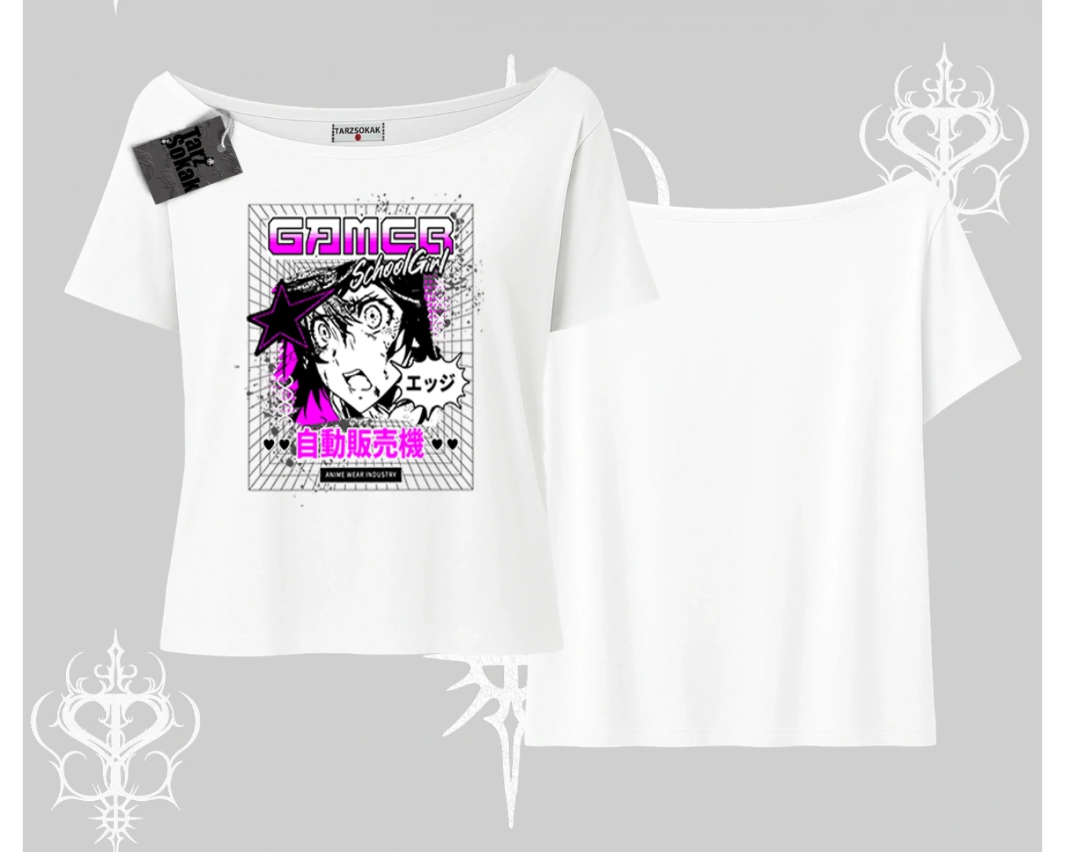 Kayık Yaka Tshirt Games Schoolgirl Anime Baskılı