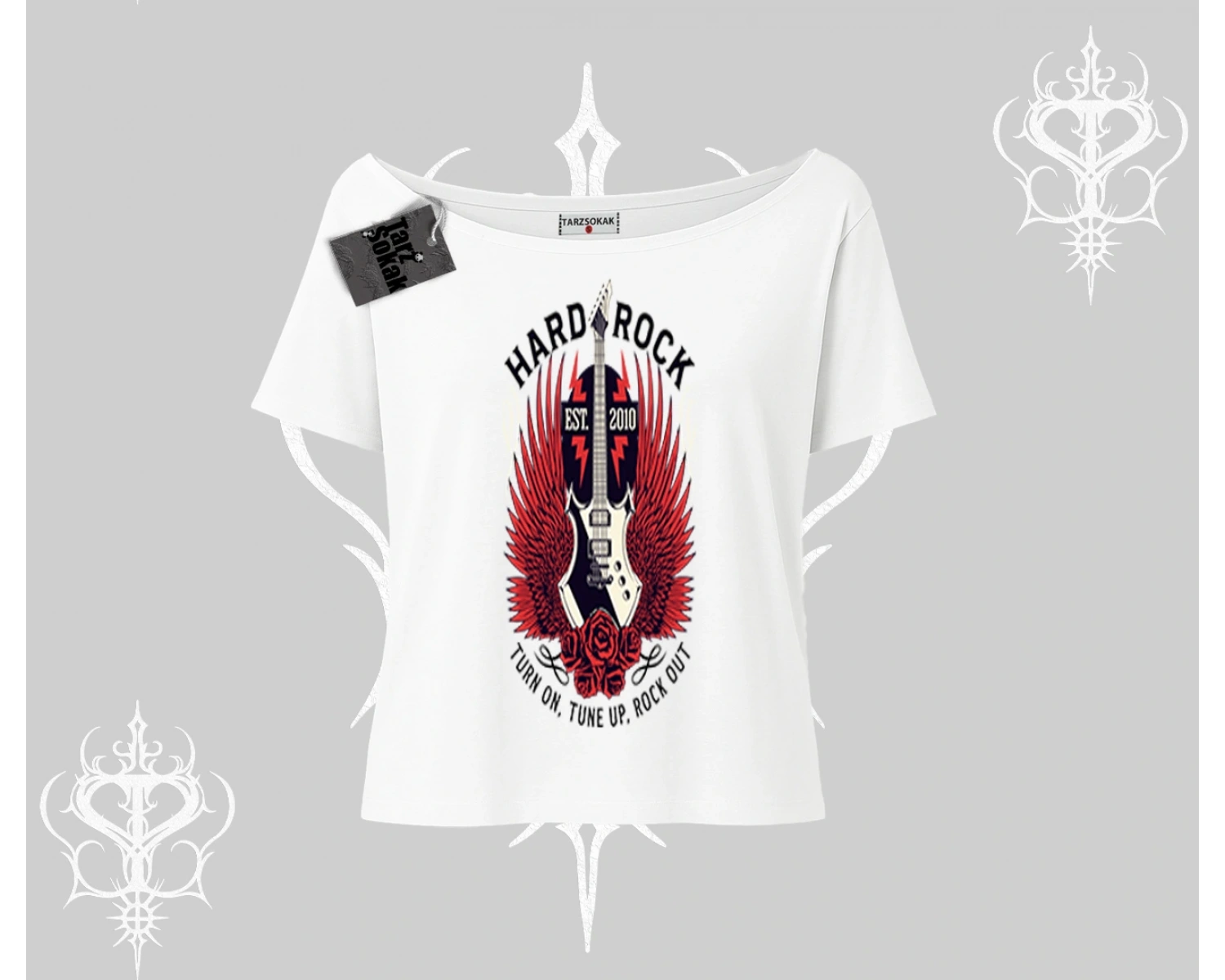 Kayık Yaka Tshirt Hard Rock Winged Guitar Rebellion