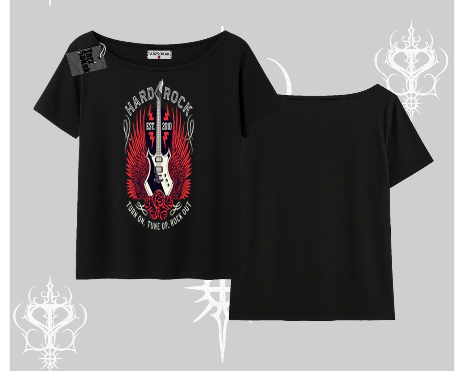 Kayık Yaka Tshirt Hard Rock Winged Guitar Rebellion