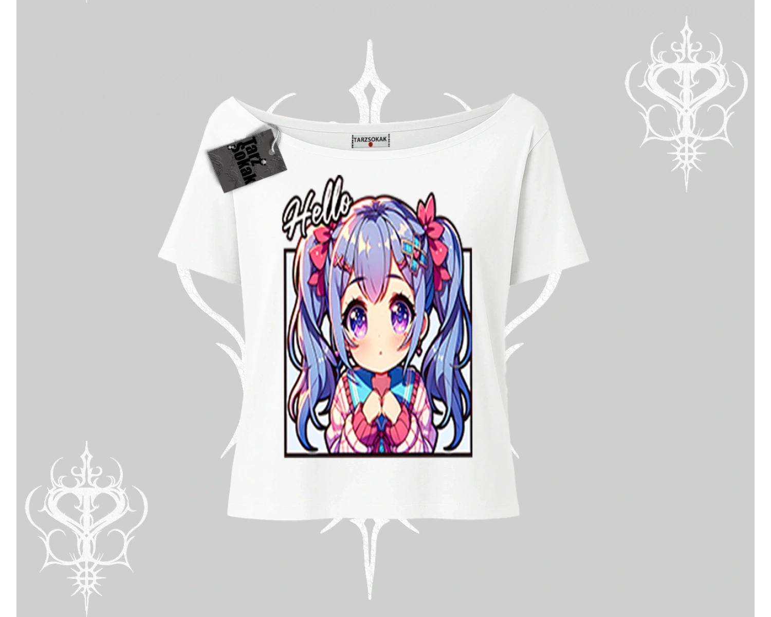 Kayık Yaka Tshirt Hello Anime Kız Sevimli Karakter Baskılı
