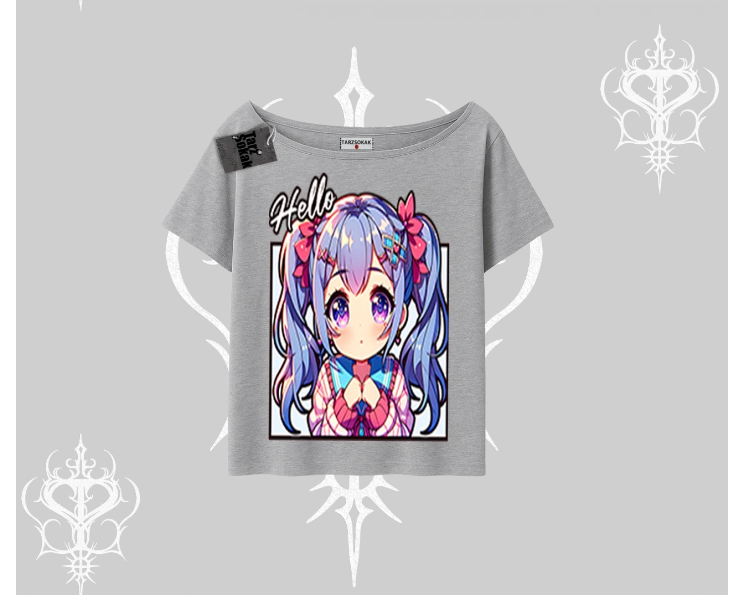 Kayık Yaka Tshirt Hello Anime Kız Sevimli Karakter Baskılı