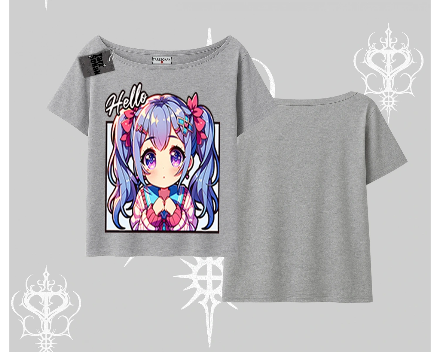 Kayık Yaka Tshirt Hello Anime Kız Sevimli Karakter Baskılı