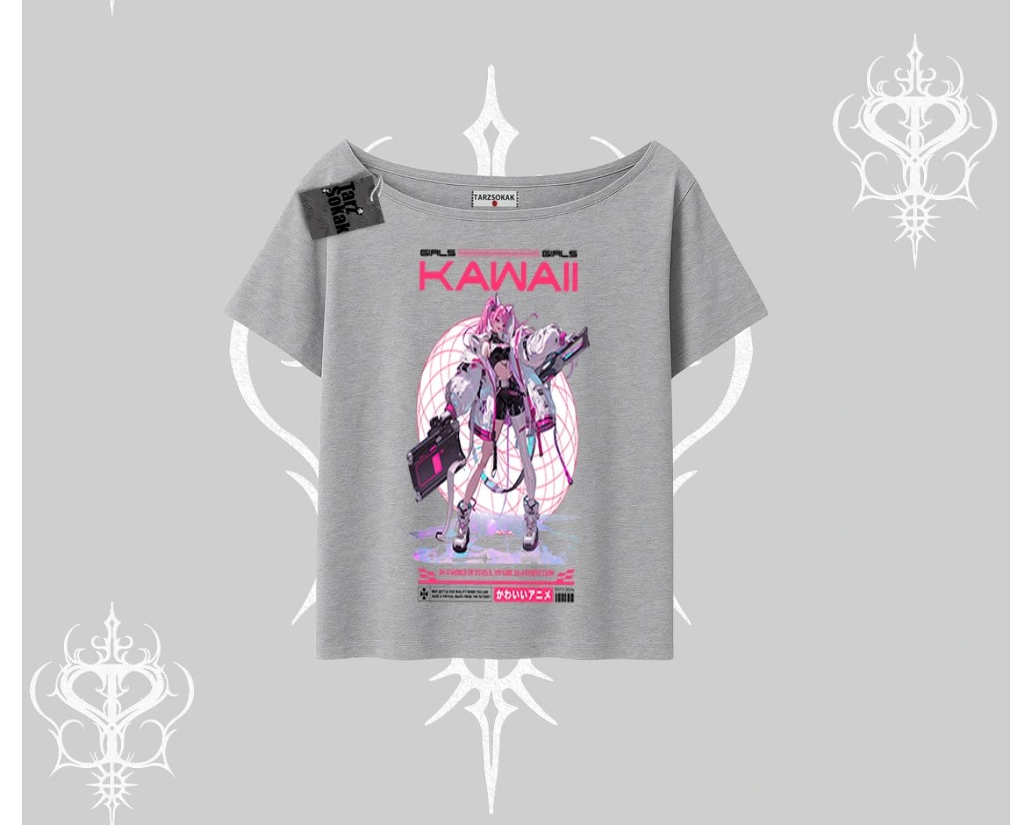 Kayık Yaka Tshirt Kawaii Cyberpunk Kız Japon Stil Baskı