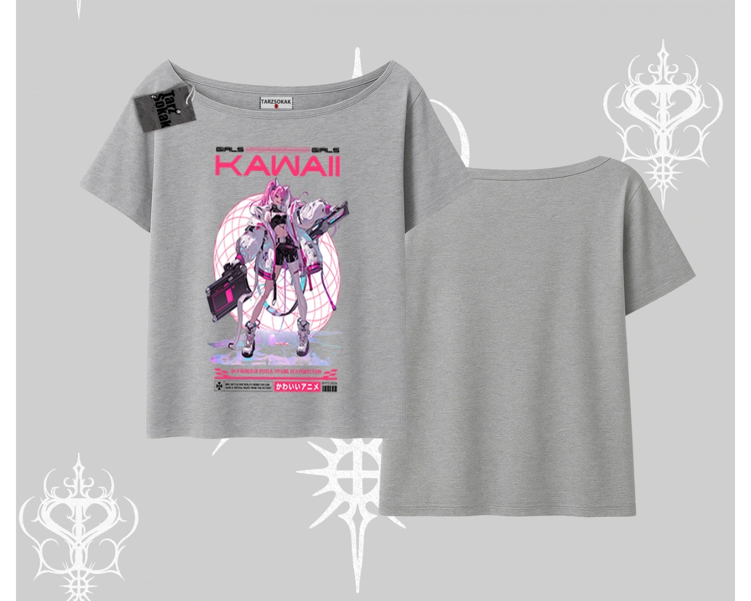 Kayık Yaka Tshirt Kawaii Cyberpunk Kız Japon Stil Baskı