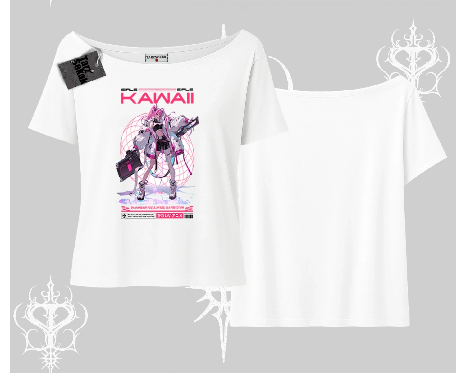 Kayık Yaka Tshirt Kawaii Cyberpunk Kız Japon Stil Baskı