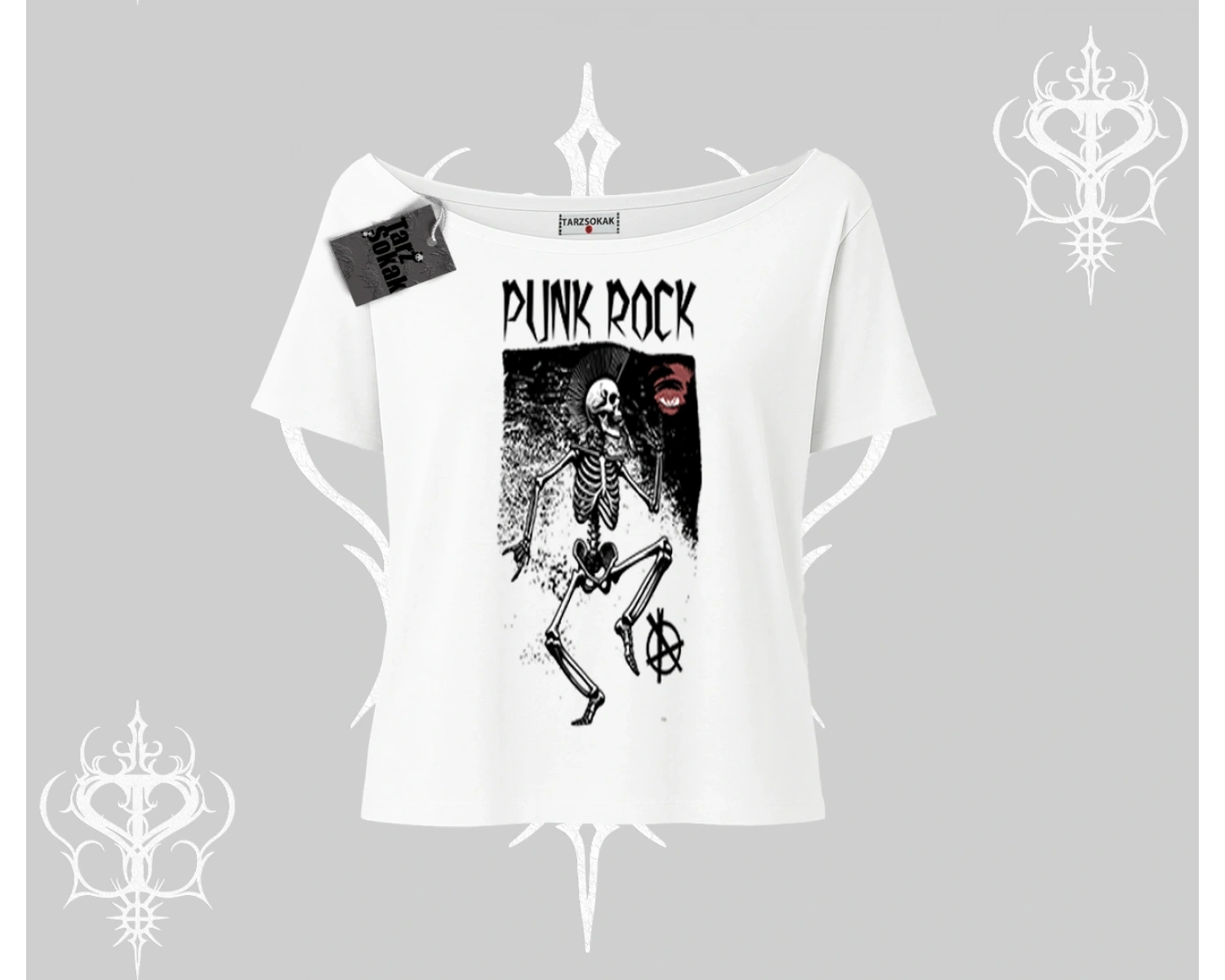 Kayık Yaka Tshirt Punk Rock Chaos Skeleton Riot