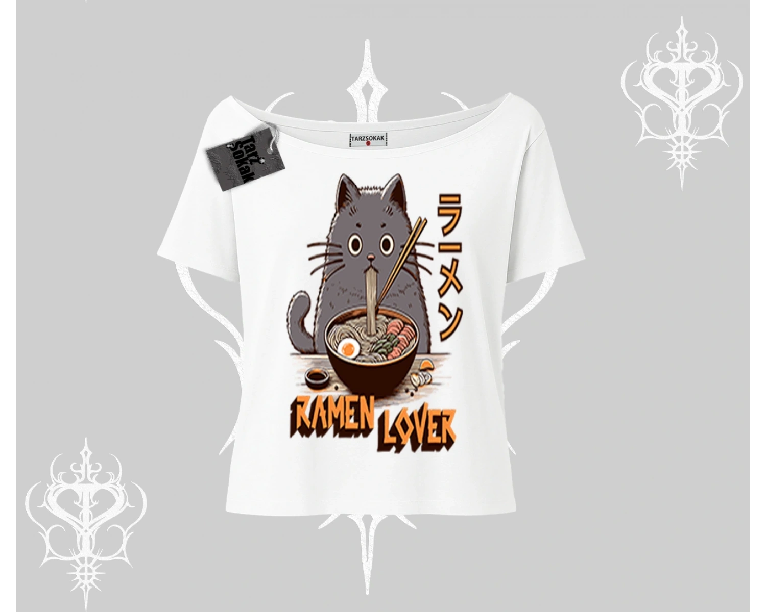 Kayık Yaka Tshirt Ramen Lover Kedi Anime Baskılı