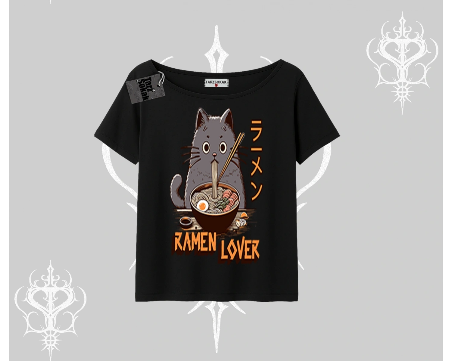 Kayık Yaka Tshirt Ramen Lover Kedi Anime Baskılı