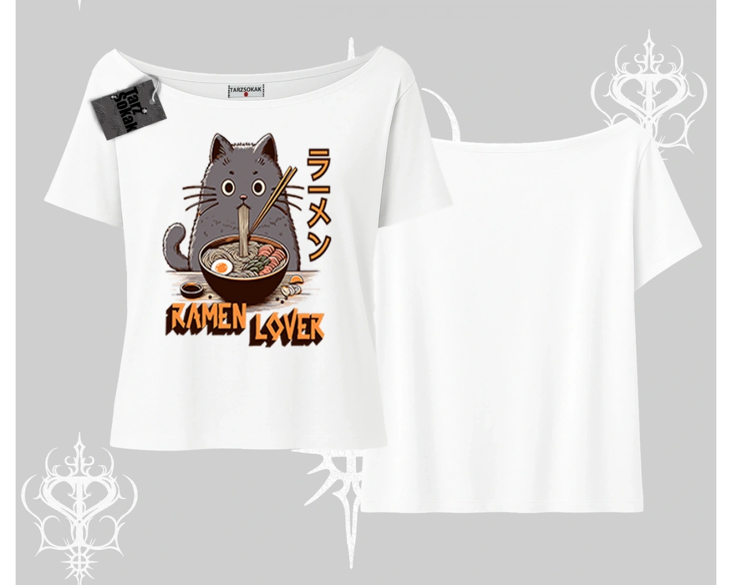 Kayık Yaka Tshirt Ramen Lover Kedi Anime Baskılı