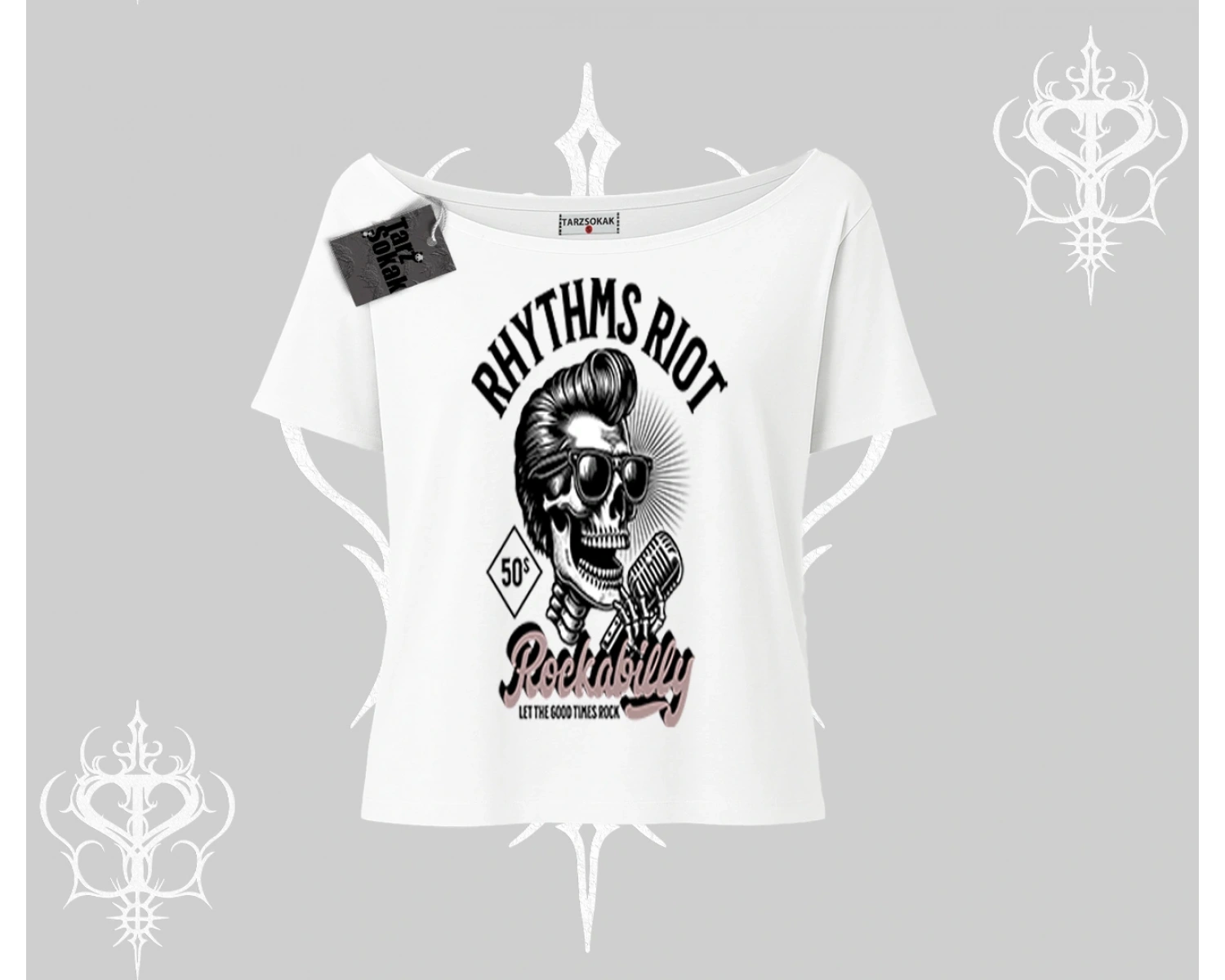 Kayık Yaka Tshirt Rhythms Riot Vintage Rockabilly Skull Street Aesthetic