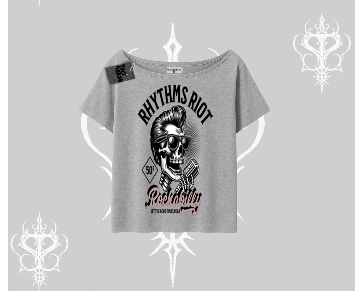 Kayık Yaka Tshirt Rhythms Riot Vintage Rockabilly Skull Street Aesthetic