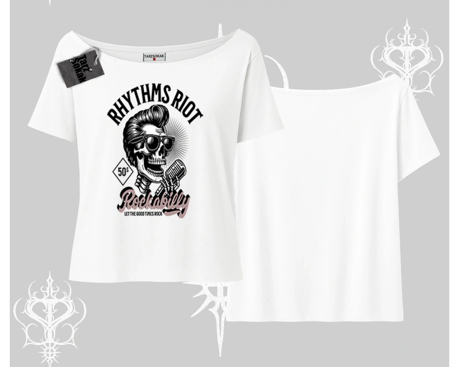 Kayık Yaka Tshirt Rhythms Riot Vintage Rockabilly Skull Street Aesthetic