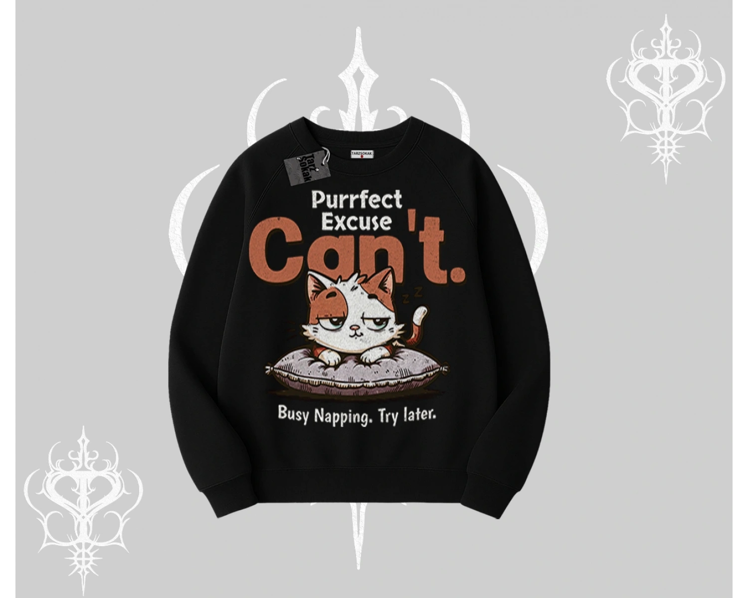 Kedi Baskılı Cant Busy Napping Y2K  Biskilet Sweatshirt