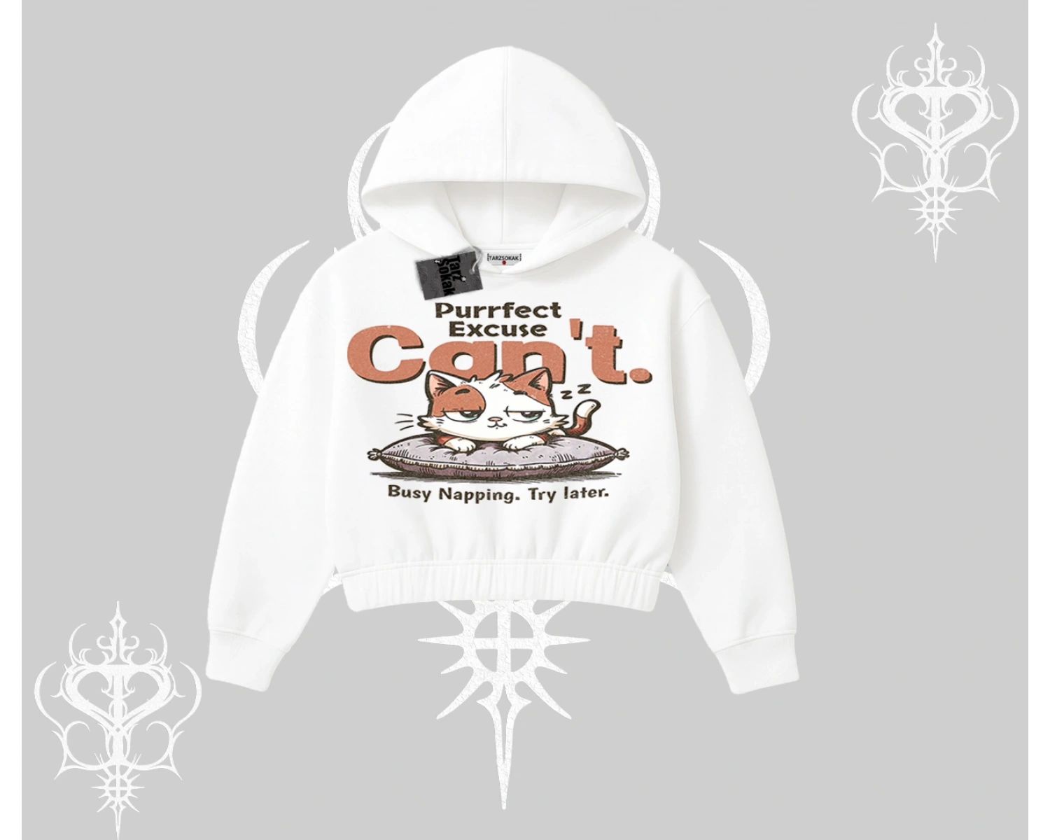 Kedi Baskılı Cant Busy Napping Y2K  Kapşonlu Crop Sweatshirt