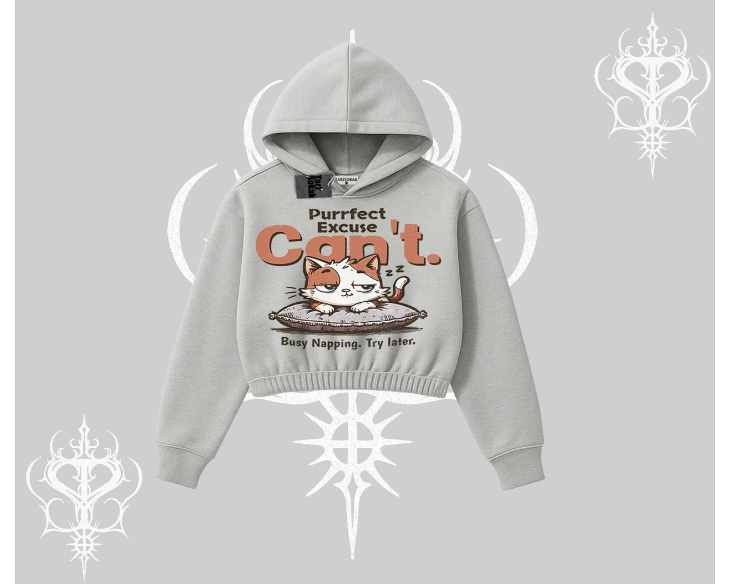 Kedi Baskılı Cant Busy Napping Y2K  Kapşonlu Crop Sweatshirt