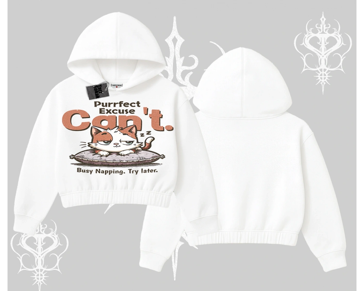 Kedi Baskılı Cant Busy Napping Y2K  Kapşonlu Crop Sweatshirt