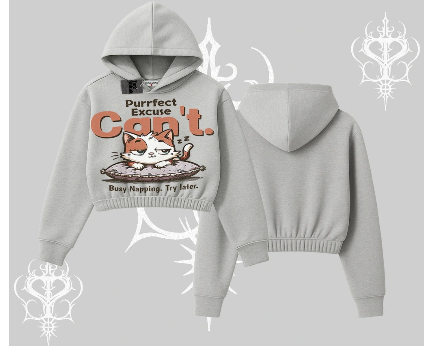 Kedi Baskılı Cant Busy Napping Y2K  Kapşonlu Crop Sweatshirt