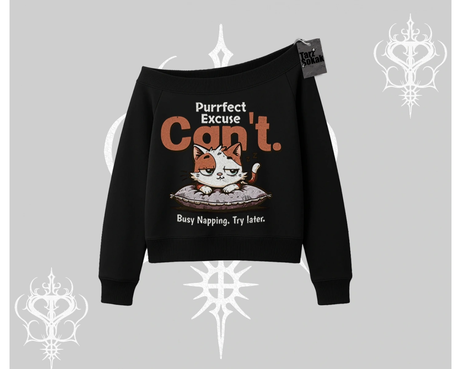 Kedi Baskılı Cant Busy Napping Y2K  Kayık Yaka Sweatshirt