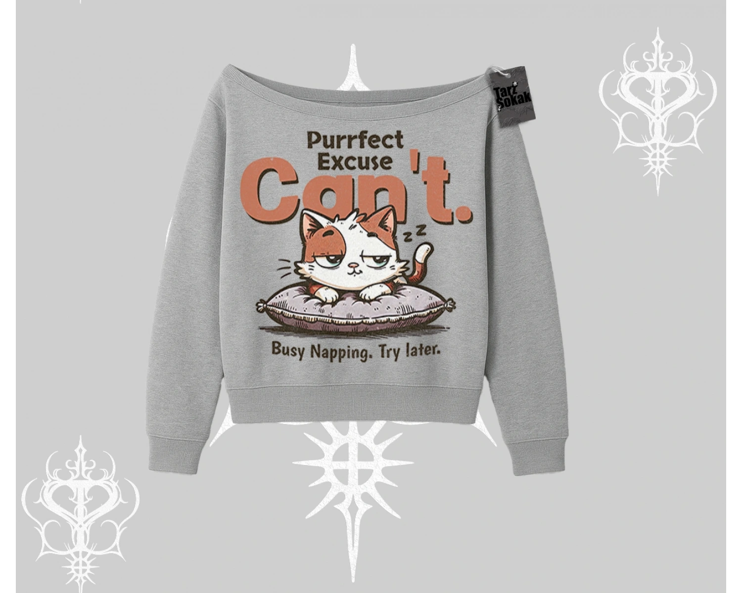 Kedi Baskılı Cant Busy Napping Y2K  Kayık Yaka Sweatshirt